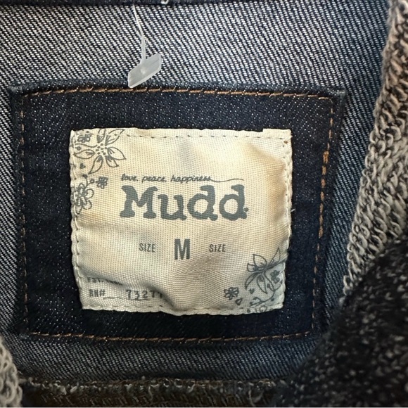 MUDD Denim Jacket Womens M Trucker Sweater Sleeves Hoodie Dark Wash Distressed - Picture 4 of 10